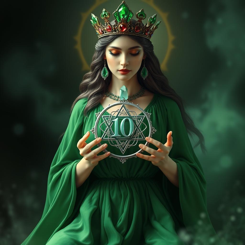 A serene goddess of romance, enveloped in a rich green flowing dress that signifies growth, abundance, and prosperity