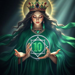 A serene goddess of romance, enveloped in a rich green flowing dress that signifies growth, abundance, and prosperity