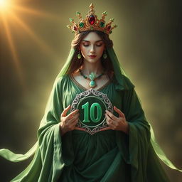 A serene goddess of romance, enveloped in a rich green flowing dress that signifies growth, abundance, and prosperity