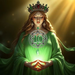 A serene goddess of romance, enveloped in a rich green flowing dress that signifies growth, abundance, and prosperity