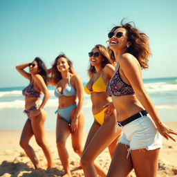 A group of sexy, curvy, beautiful women enjoying a sunny day at the beach, wearing fashionable swim tops