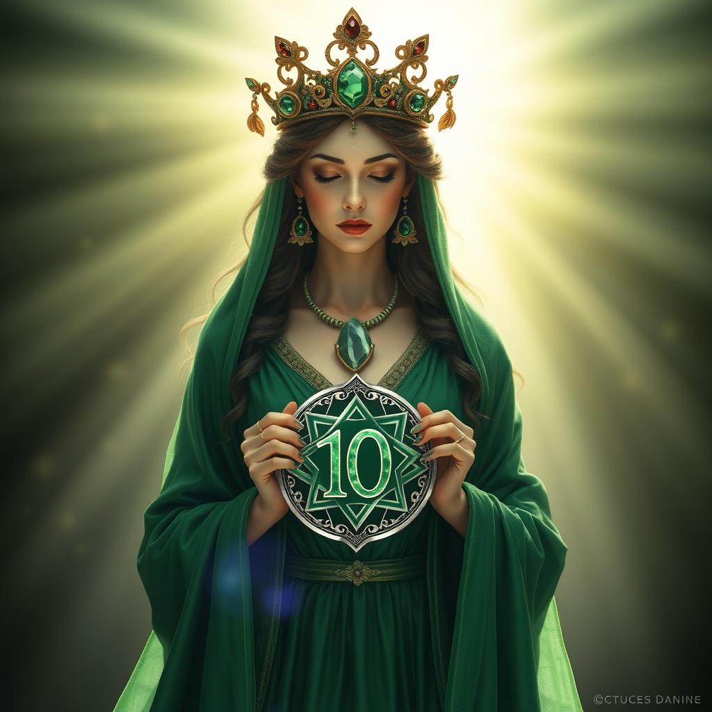 A serene goddess of romance, enveloped in a rich green flowing dress that signifies growth, abundance, and prosperity