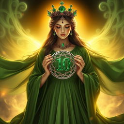 A serene goddess of romance, enveloped in a rich green flowing dress that signifies growth, abundance, and prosperity