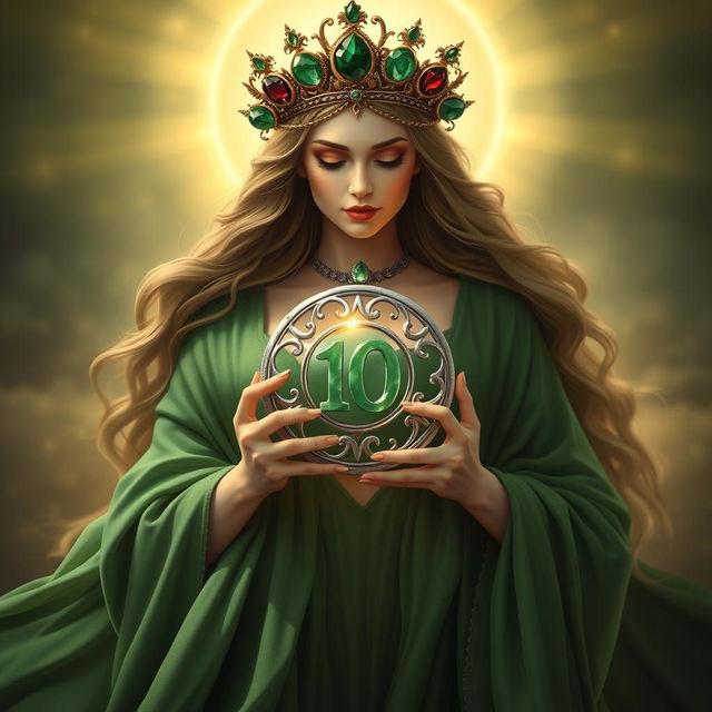 A serene goddess of romance, enveloped in a rich green flowing dress that signifies growth, abundance, and prosperity