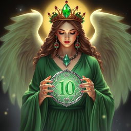 A serene goddess of romance, enveloped in a rich green flowing dress that signifies growth, abundance, and prosperity