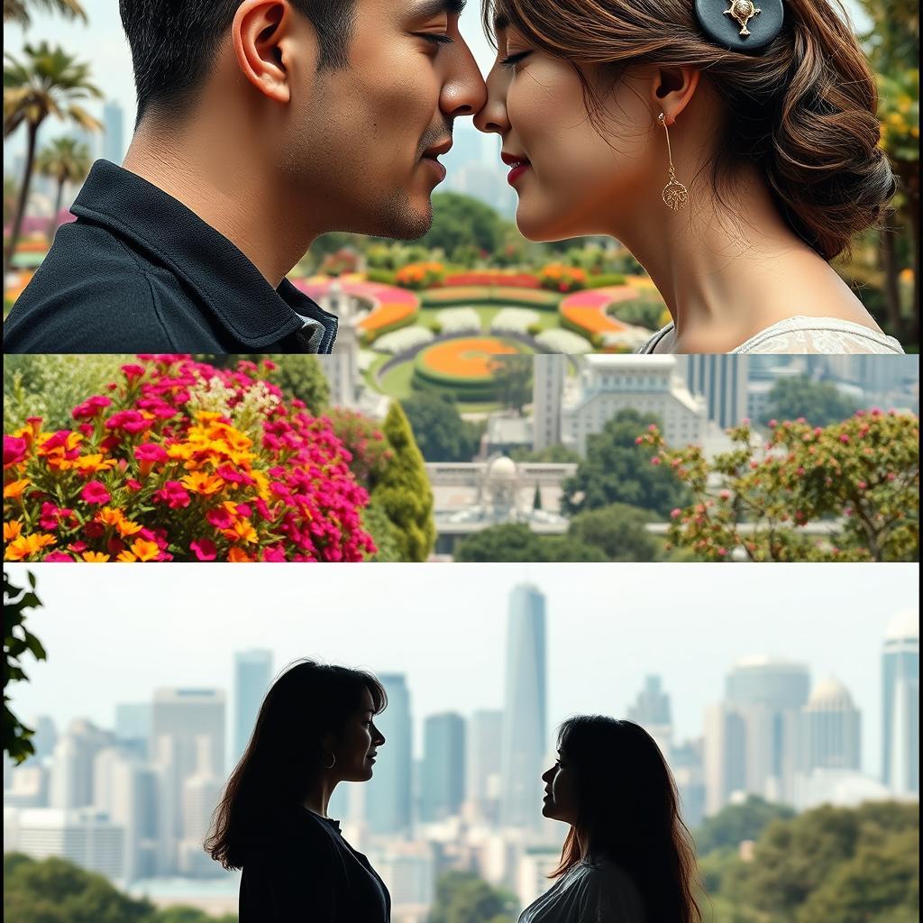 In a 4:3 image size, the background features a vibrant garden and a breathtaking view of skyscrapers