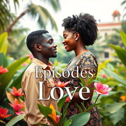 A romantic book cover featuring a young university student named Kwame and a visiting scholar named Ama standing in a lush botanical garden in Kumasi, Ghana