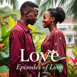 A romantic book cover featuring a young university student named Kwame and a visiting scholar named Ama standing in a lush botanical garden in Kumasi, Ghana