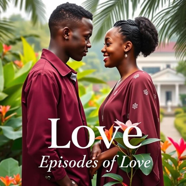 A romantic book cover featuring a young university student named Kwame and a visiting scholar named Ama standing in a lush botanical garden in Kumasi, Ghana