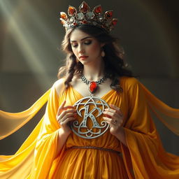 A serene goddess of romance, adorned in a deep yellow flowing dress that emanates warmth, creativity, and optimism