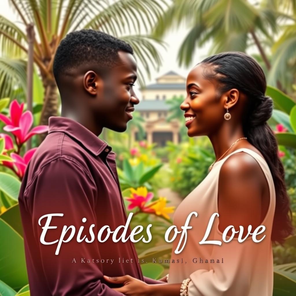 A romantic book cover featuring a young university student named Kwame and a visiting scholar named Ama standing in a lush botanical garden in Kumasi, Ghana