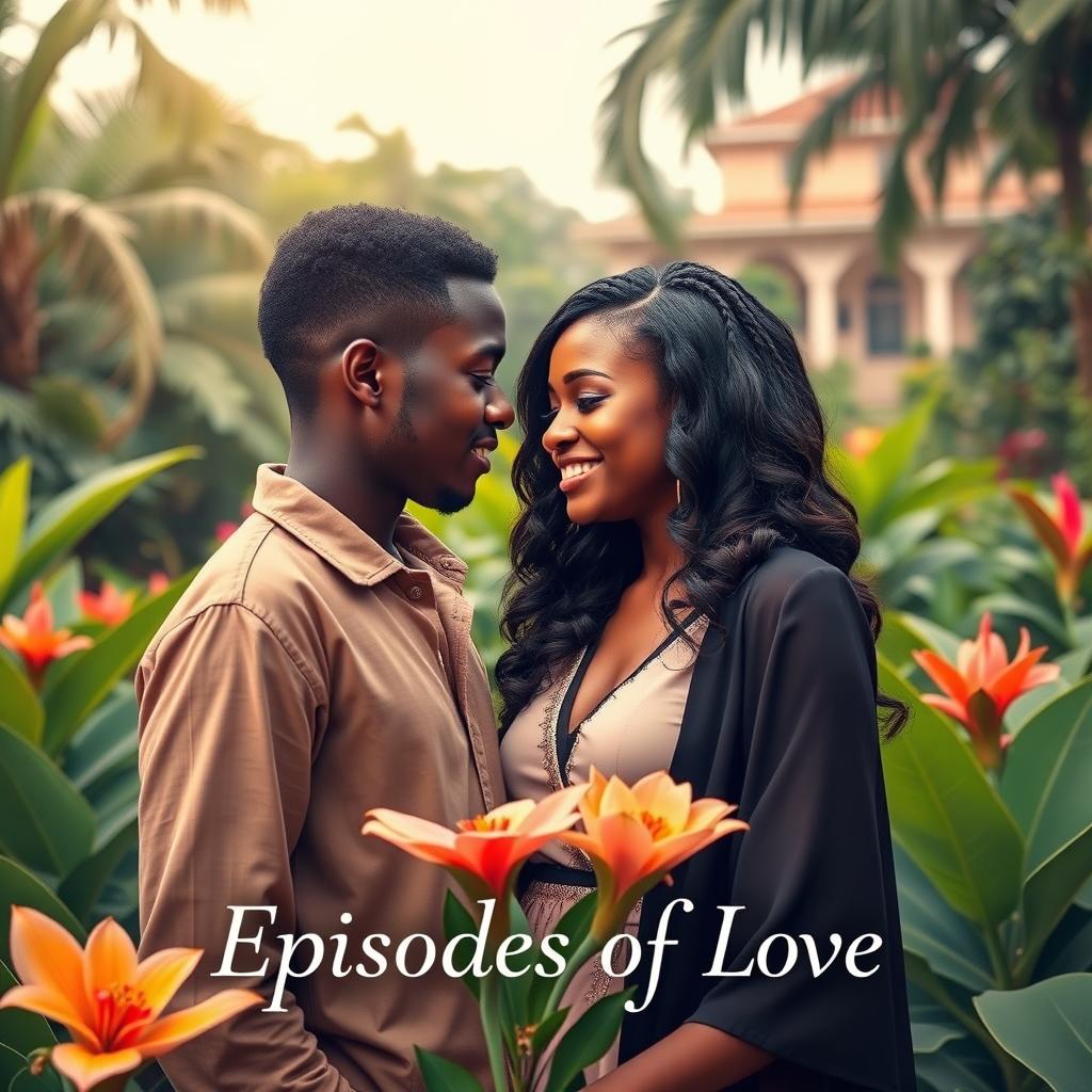 A romantic book cover featuring a young university student named Kwame and a visiting scholar named Ama standing in a lush botanical garden in Kumasi, Ghana