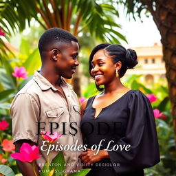 A romantic book cover featuring a young university student named Kwame and a visiting scholar named Ama standing in a lush botanical garden in Kumasi, Ghana