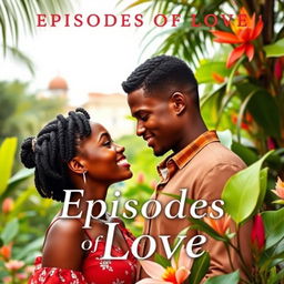 A romantic book cover featuring a young university student named Kwame and a visiting scholar named Ama standing in a lush botanical garden in Kumasi, Ghana