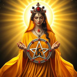 A serene goddess of romance, robed in a deep yellow flowing dress that exudes the warmth of a golden sunrise and the optimism of spring