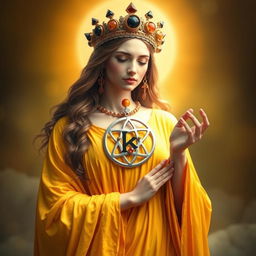 A serene goddess of romance, robed in a deep yellow flowing dress that exudes the warmth of a golden sunrise and the optimism of spring