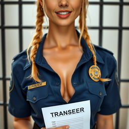 extreme close-up of a gorgeous police officer with blond pigtails, wearing a blue uniform shirt tied in the front, showcasing a police badge on her chest