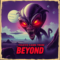 A retro-style alien horror movie poster featuring a menacing alien creature with glowing eyes and sharp teeth, set against a desolate, eerie extraterrestrial landscape