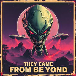 A retro-style alien horror movie poster featuring a menacing alien creature with glowing eyes and sharp teeth, set against a desolate, eerie extraterrestrial landscape