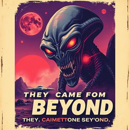 A retro-style alien horror movie poster featuring a menacing alien creature with glowing eyes and sharp teeth, set against a desolate, eerie extraterrestrial landscape