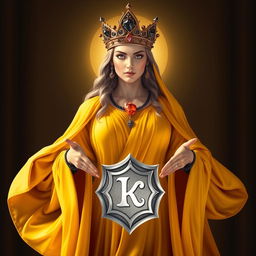 The regal Goddess of Knights, draped in a deep yellow flowing dress symbolizing courage and nobility