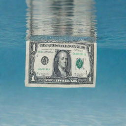 A crisp one dollar bill submerged in clear, sparkling water