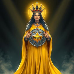 The majestic Goddess of Knights stands elegantly, draped in a deep yellow flowing dress symbolizing chivalry and nobility