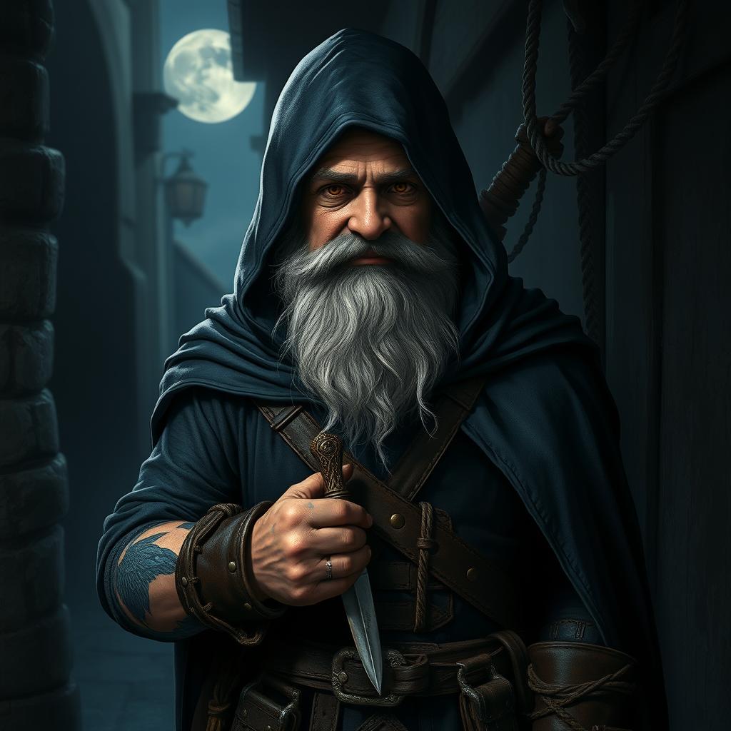 A dwarf with crow tattoos prominently displayed on his arms, dressed in traditional thieves' attire featuring a dark hooded cloak and leather armor