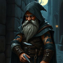 A dwarf with crow tattoos prominently displayed on his arms, dressed in traditional thieves' attire featuring a dark hooded cloak and leather armor