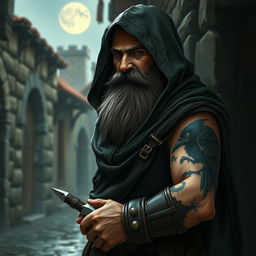 A dwarf with crow tattoos prominently displayed on his arms, dressed in traditional thieves' attire featuring a dark hooded cloak and leather armor