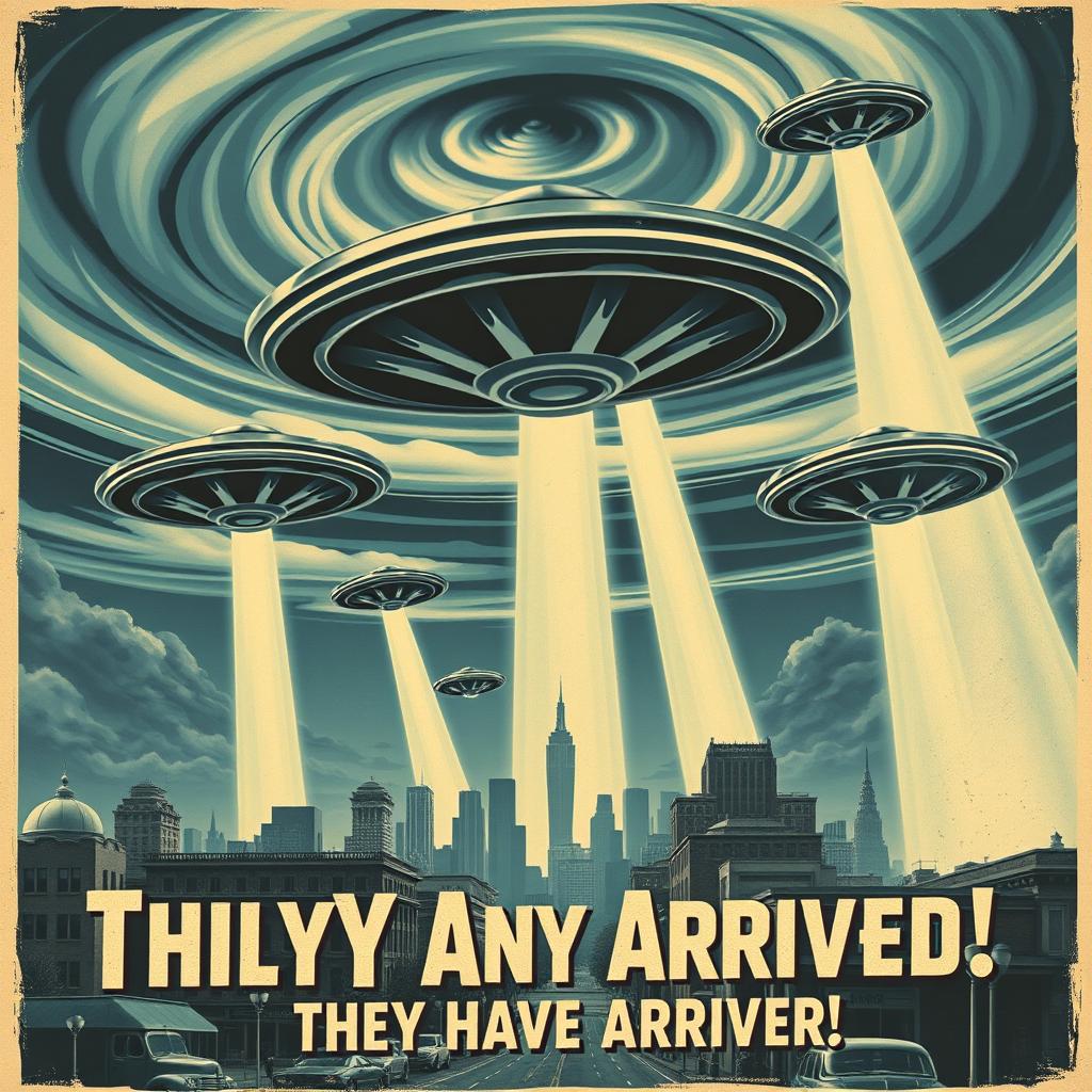 A retro-style alien invasion movie poster featuring a dramatic scene of alien spacecraft hovering menacingly over a mid-20th-century cityscape