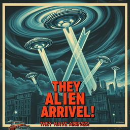 A retro-style alien invasion movie poster featuring a dramatic scene of alien spacecraft hovering menacingly over a mid-20th-century cityscape