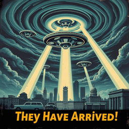 A retro-style alien invasion movie poster featuring a dramatic scene of alien spacecraft hovering menacingly over a mid-20th-century cityscape