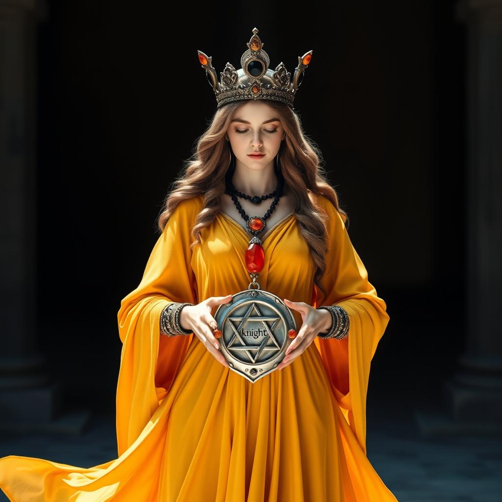 The radiant Goddess of Knights stands gracefully, clad in a deep yellow flowing dress symbolizing courage and nobility