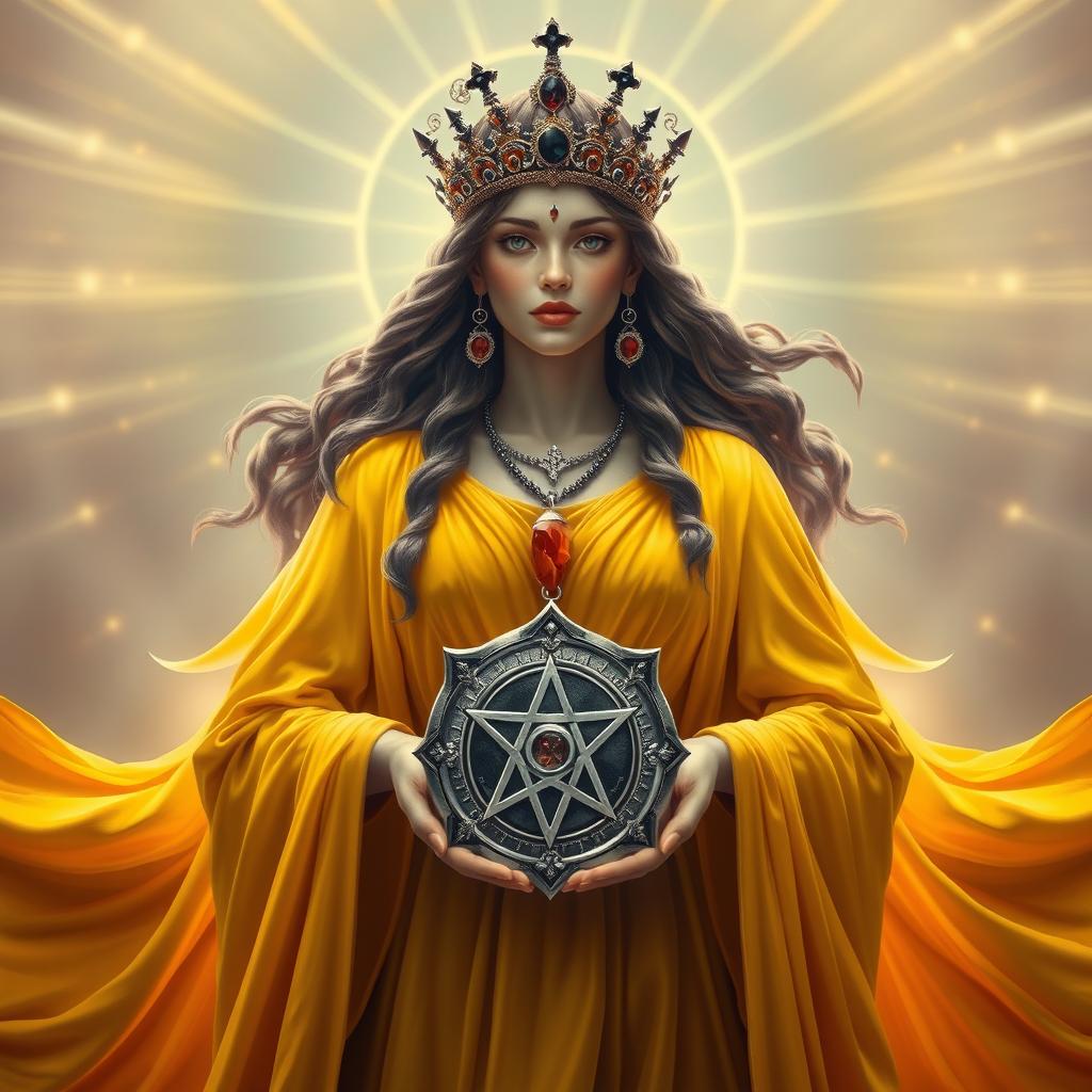 The radiant Goddess of Knights stands gracefully, wearing a deep yellow flowing dress that exudes strength and elegance