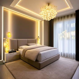 A bedroom displaying ambient decor lights surrounding a 6x6 bed, an elegant wardrobe to the side, a mirror accompanied by a TV console.