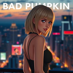 Cover art for the Telegram channel "Bad Pumpkin" featuring an alluring girl with shoulder-length beige hair and no bangs