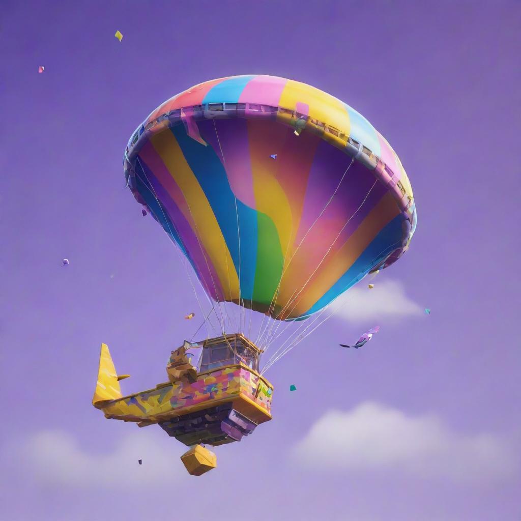 A fantastical Fortnite glider visualizing a surreal and playful value of '1 brewhruew fhdsflhyvdshyfv dfg gillion' dollars, adorned with abstract shapes and enchanting colors.