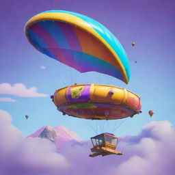 A fantastical Fortnite glider visualizing a surreal and playful value of '1 brewhruew fhdsflhyvdshyfv dfg gillion' dollars, adorned with abstract shapes and enchanting colors.