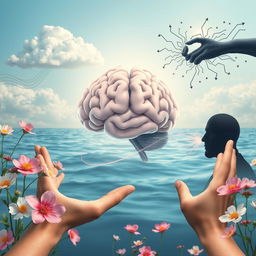 A serene scene depicting a peaceful mind, symbolized by a tranquil brain surrounded by calming elements like soft clouds, gentle waves, and blooming flowers representing emotional wellbeing