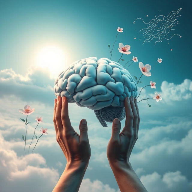 A serene scene depicting a peaceful mind, symbolized by a tranquil brain surrounded by calming elements like soft clouds, gentle waves, and blooming flowers representing emotional wellbeing