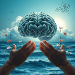 A serene scene depicting a peaceful mind, symbolized by a tranquil brain surrounded by calming elements like soft clouds, gentle waves, and blooming flowers representing emotional wellbeing