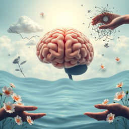 A serene scene depicting a peaceful mind, symbolized by a tranquil brain surrounded by calming elements like soft clouds, gentle waves, and blooming flowers representing emotional wellbeing