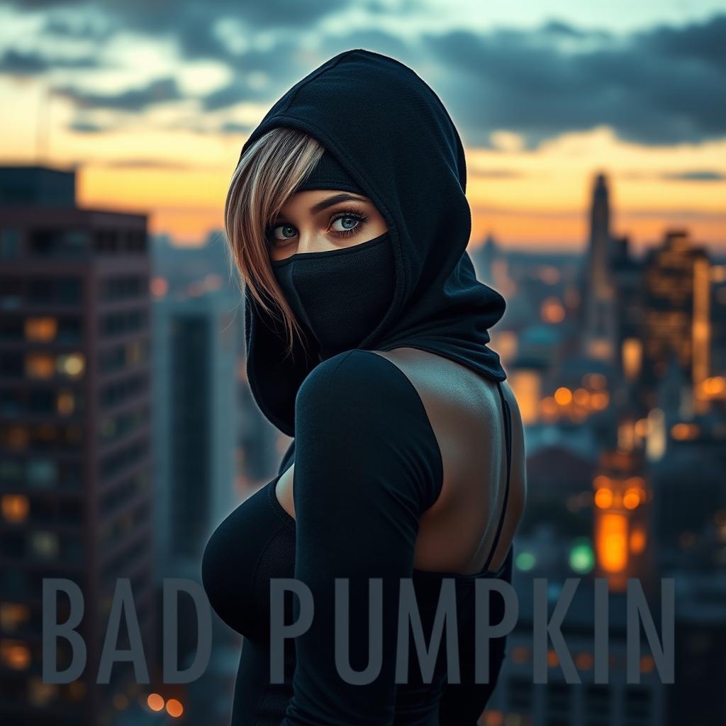 Cover art for the Telegram channel "Bad Pumpkin" featuring a captivating girl wearing a balaclava, with dark blond hair peeking out to her shoulders