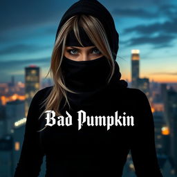 Cover art for the Telegram channel "Bad Pumpkin" featuring a captivating girl wearing a balaclava, with dark blond hair peeking out to her shoulders