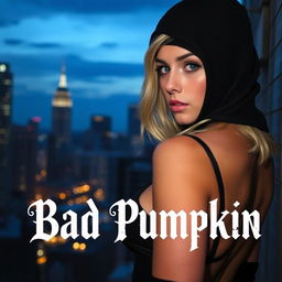 Cover art for the Telegram channel "Bad Pumpkin" featuring a captivating girl wearing a balaclava, with dark blond hair peeking out to her shoulders