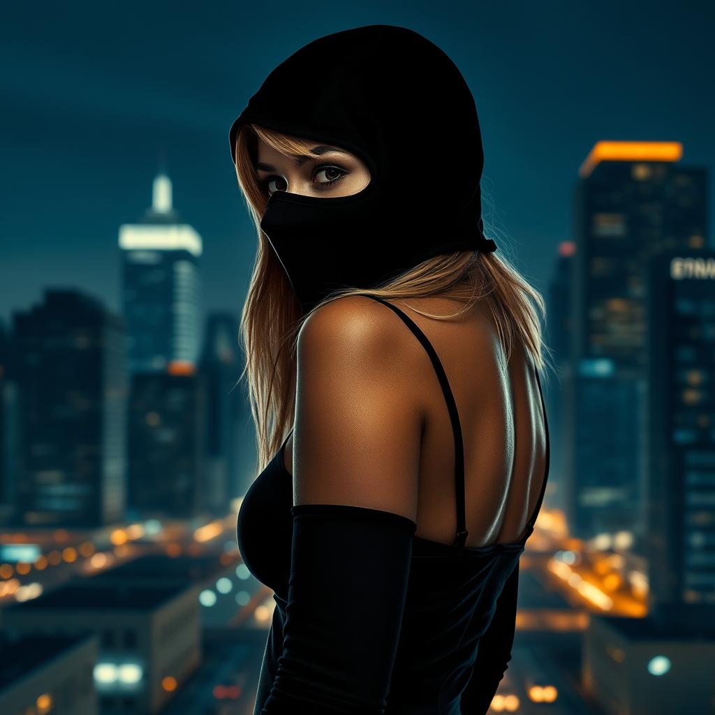 Cover art for the Telegram channel "Bad Pumpkin" featuring a captivating girl wearing a balaclava, with dark blond hair peeking out to her shoulders