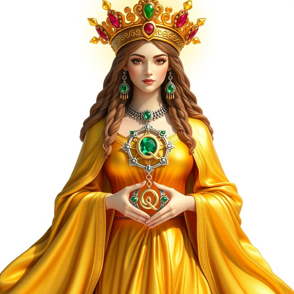 The resplendent Goddess of Queens stands with regal poise, adorned in a rich gold flowing dress that gleams with majesty and prosperity