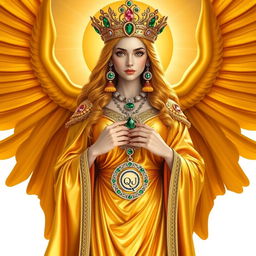 The resplendent Goddess of Queens stands with regal poise, adorned in a rich gold flowing dress that gleams with majesty and prosperity