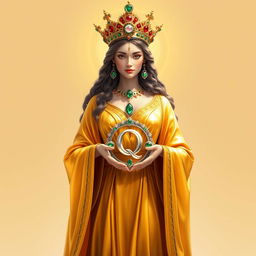 The resplendent Goddess of Queens stands with regal poise, adorned in a rich gold flowing dress that gleams with majesty and prosperity